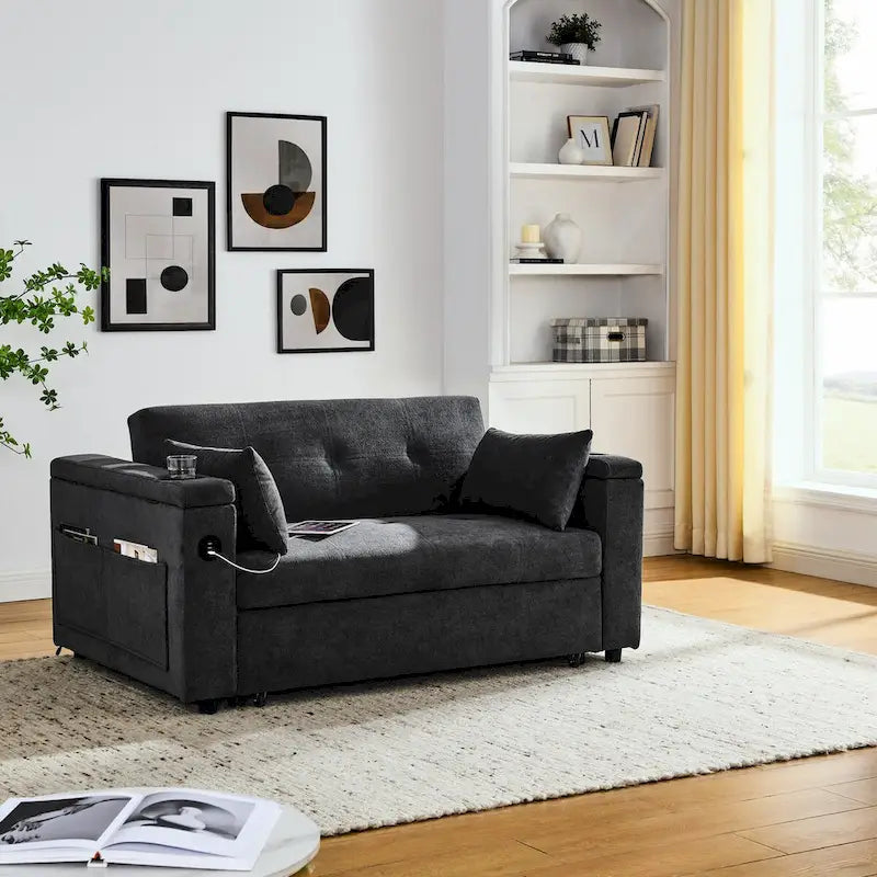 Beige/Black/Grey Velvet 2-Seat Pull-Out Sofa Bed with Storage & USB Port
