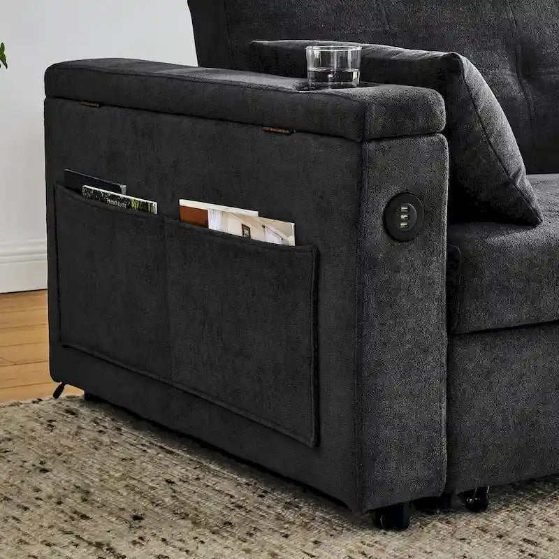 Beige/Black/Grey Velvet 2-Seat Pull-Out Sofa Bed with Storage & USB Port