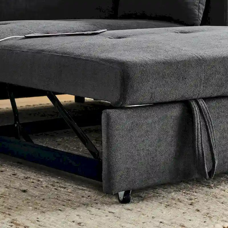Beige/Black/Grey Velvet 2-Seat Pull-Out Sofa Bed with Storage & USB Port