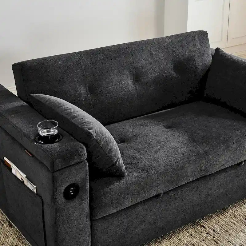 Beige/Black/Grey Velvet 2-Seat Pull-Out Sofa Bed with Storage & USB Port