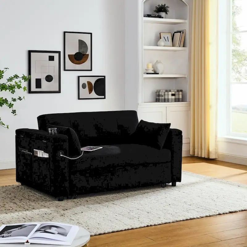 Beige/Black/Grey Velvet 2-Seat Pull-Out Sofa Bed with Storage & USB Port