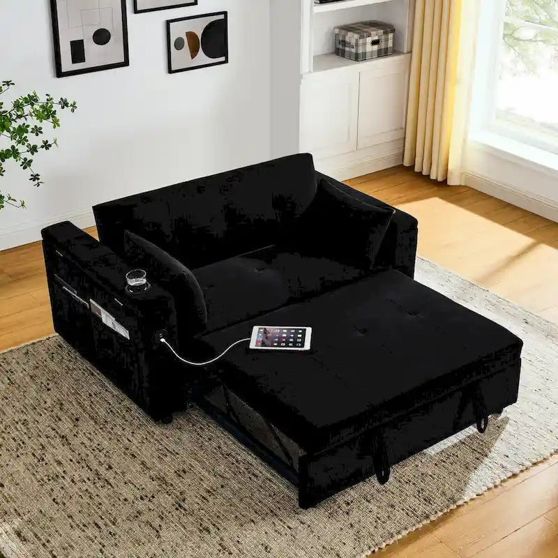 Beige/Black/Grey Velvet 2-Seat Pull-Out Sofa Bed with Storage & USB Port