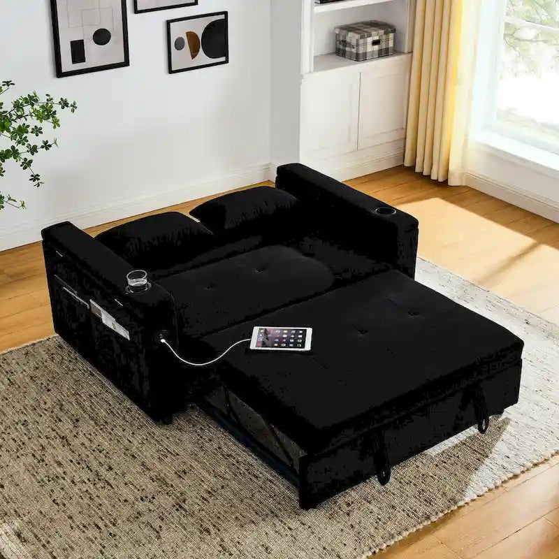 Beige/Black/Grey Velvet 2-Seat Pull-Out Sofa Bed with Storage & USB Port