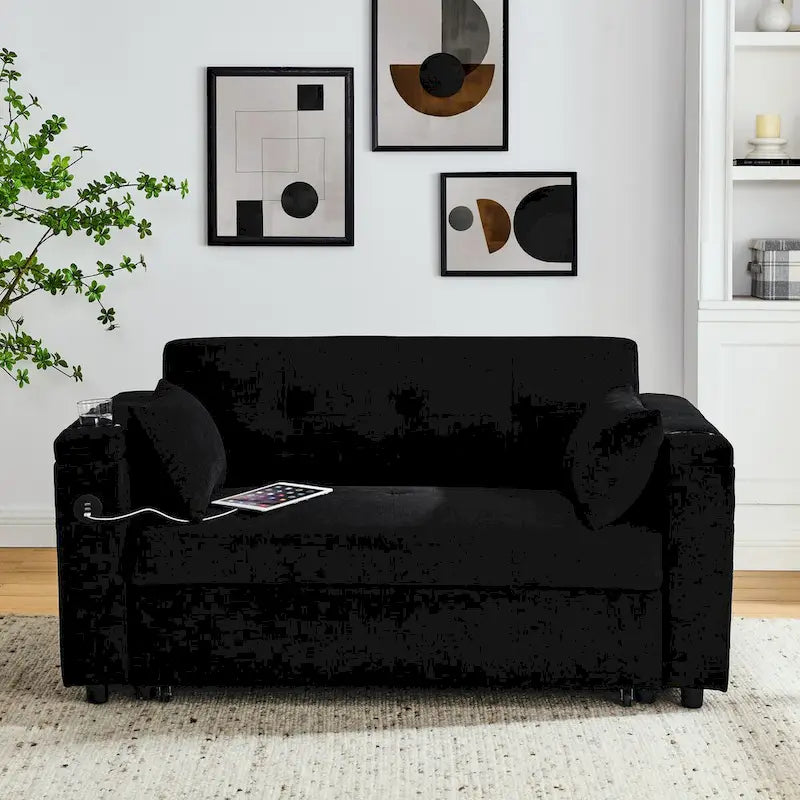 Beige/Black/Grey Velvet 2-Seat Pull-Out Sofa Bed with Storage & USB Port