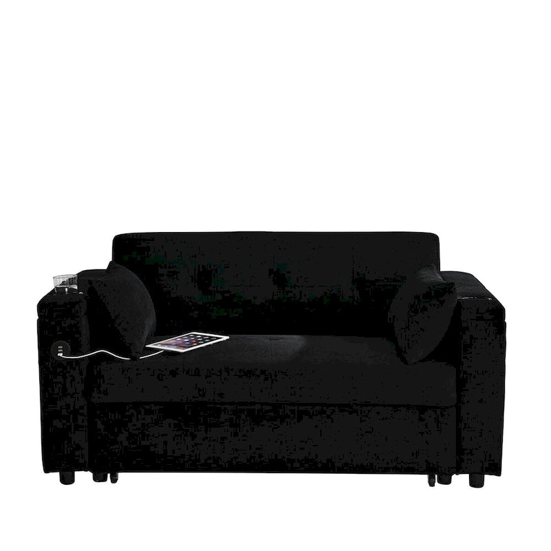 Beige/Black/Grey Velvet 2-Seat Pull-Out Sofa Bed with Storage & USB Port
