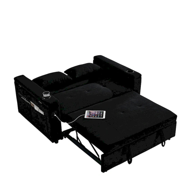 Beige/Black/Grey Velvet 2-Seat Pull-Out Sofa Bed with Storage & USB Port