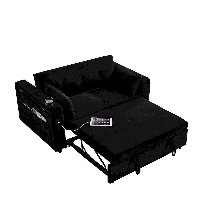 Beige/Black/Grey Velvet 2-Seat Pull-Out Sofa Bed with Storage & USB Port