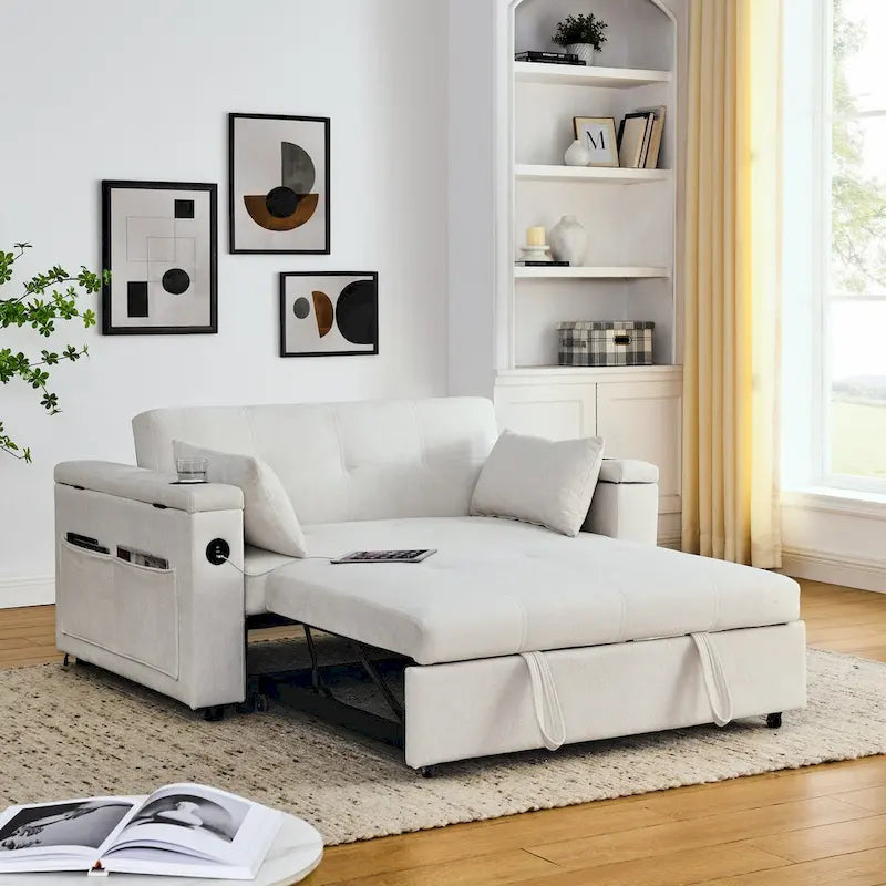 Beige/Black/Grey Velvet 2-Seat Pull-Out Sofa Bed with Storage & USB Port