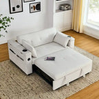 Beige/Black/Grey Velvet 2-Seat Pull-Out Sofa Bed with Storage & USB Port