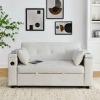 Beige/Black/Grey Velvet 2-Seat Pull-Out Sofa Bed with Storage & USB Port