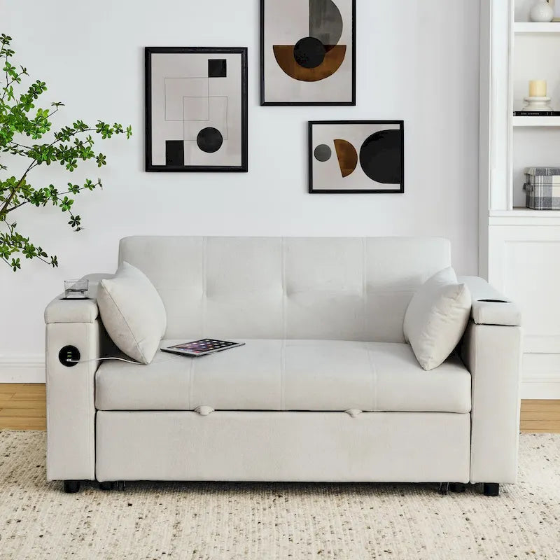 Beige/Black/Grey Velvet 2-Seat Pull-Out Sofa Bed with Storage & USB Port