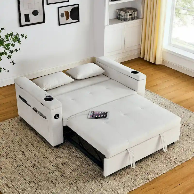 Beige/Black/Grey Velvet 2-Seat Pull-Out Sofa Bed with Storage & USB Port
