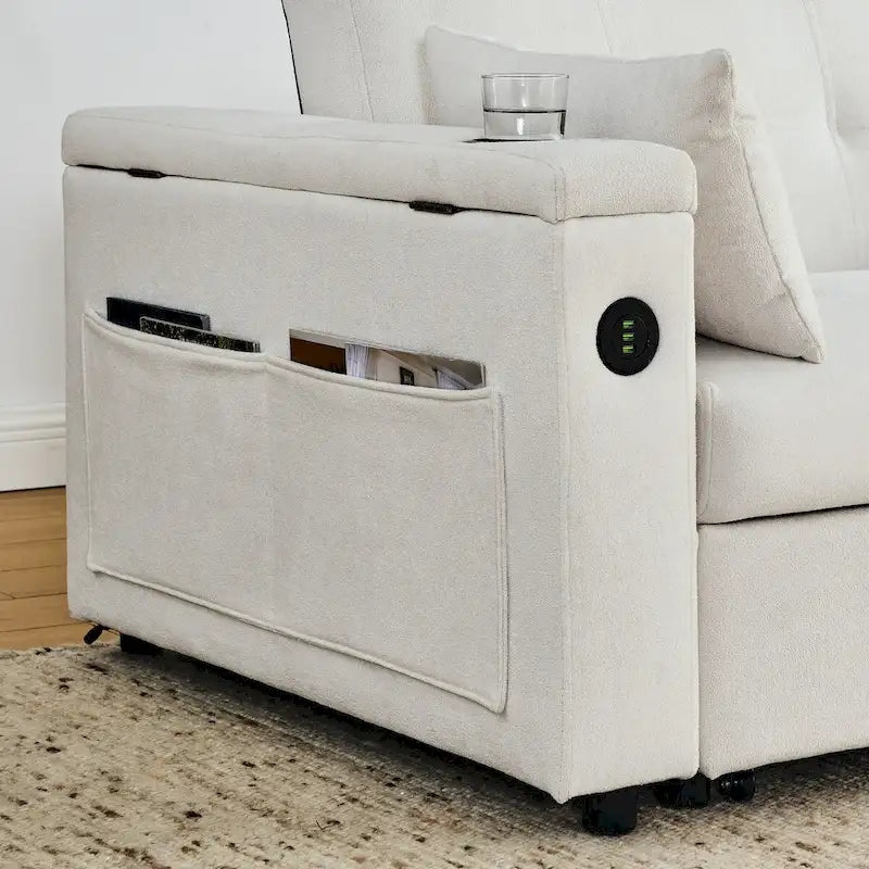 Beige/Black/Grey Velvet 2-Seat Pull-Out Sofa Bed with Storage & USB Port