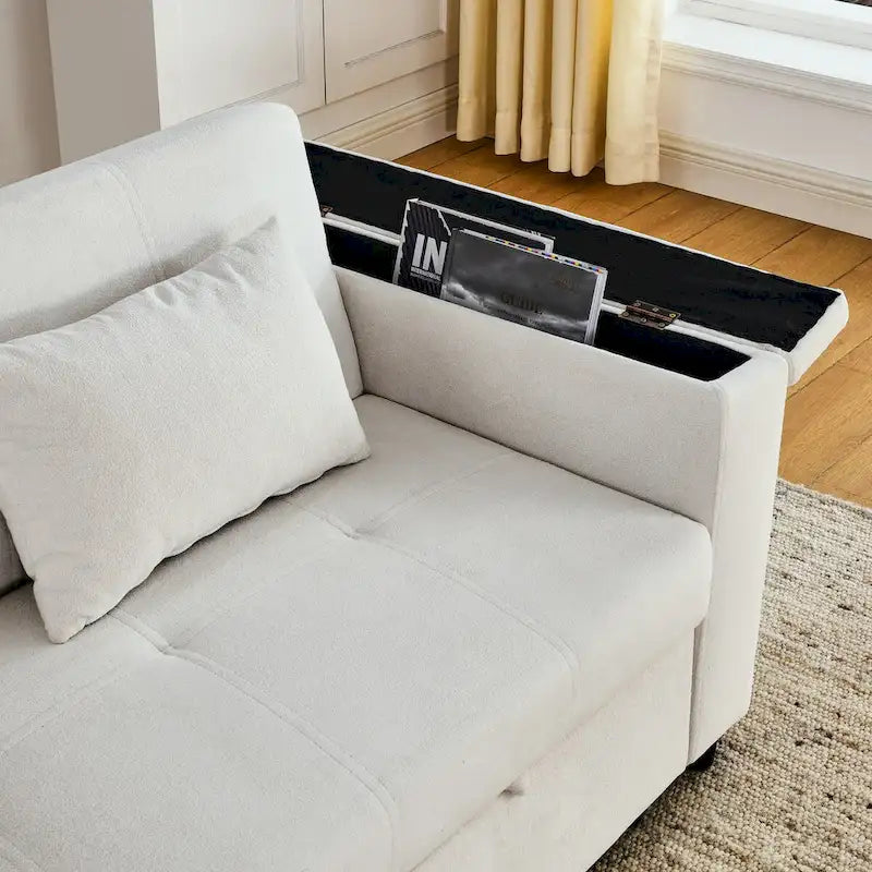 Beige/Black/Grey Velvet 2-Seat Pull-Out Sofa Bed with Storage & USB Port