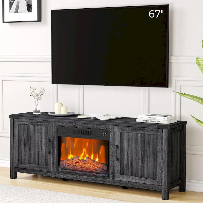 Black Farmhouse Electric Fireplace TV Stand, Fits TVs up to 65"