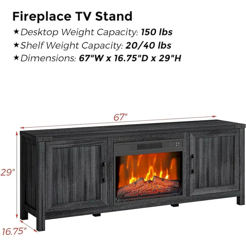 Black Farmhouse Electric Fireplace TV Stand, Fits TVs up to 65"
