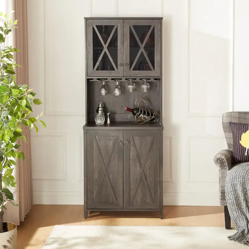 Charcoal Grey Farmhouse Bar Cabinet with Glass Door & Wine Rack, Single