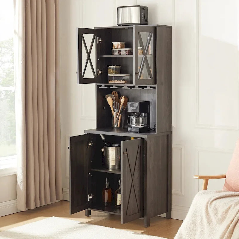 Charcoal Grey Farmhouse Bar Cabinet with Glass Door & Wine Rack, Single