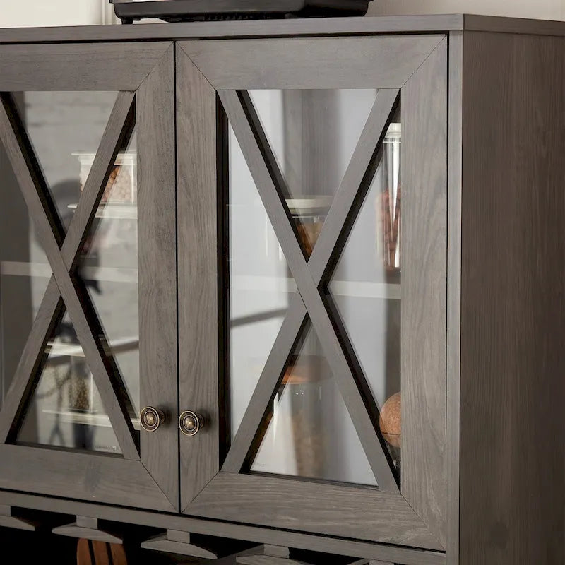Charcoal Grey Farmhouse Bar Cabinet with Glass Door & Wine Rack, Single