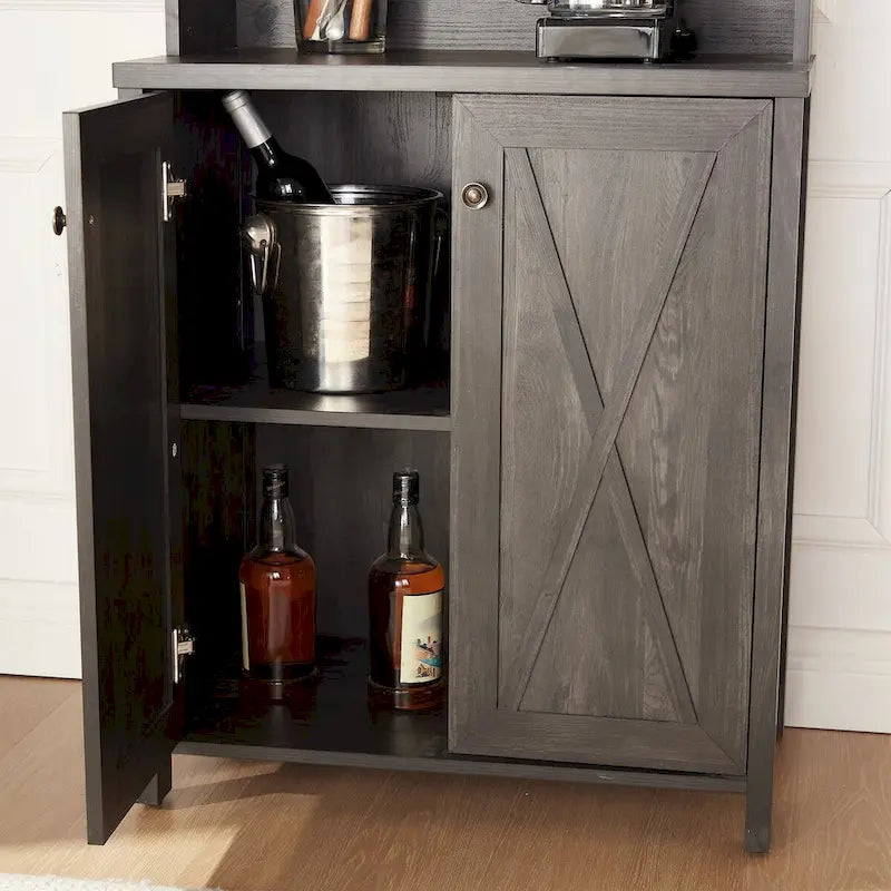 Charcoal Grey Farmhouse Bar Cabinet with Glass Door & Wine Rack, Single