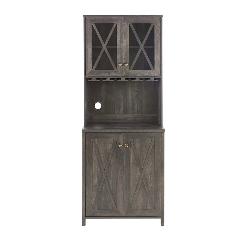 Charcoal Grey Farmhouse Bar Cabinet with Glass Door & Wine Rack, Single