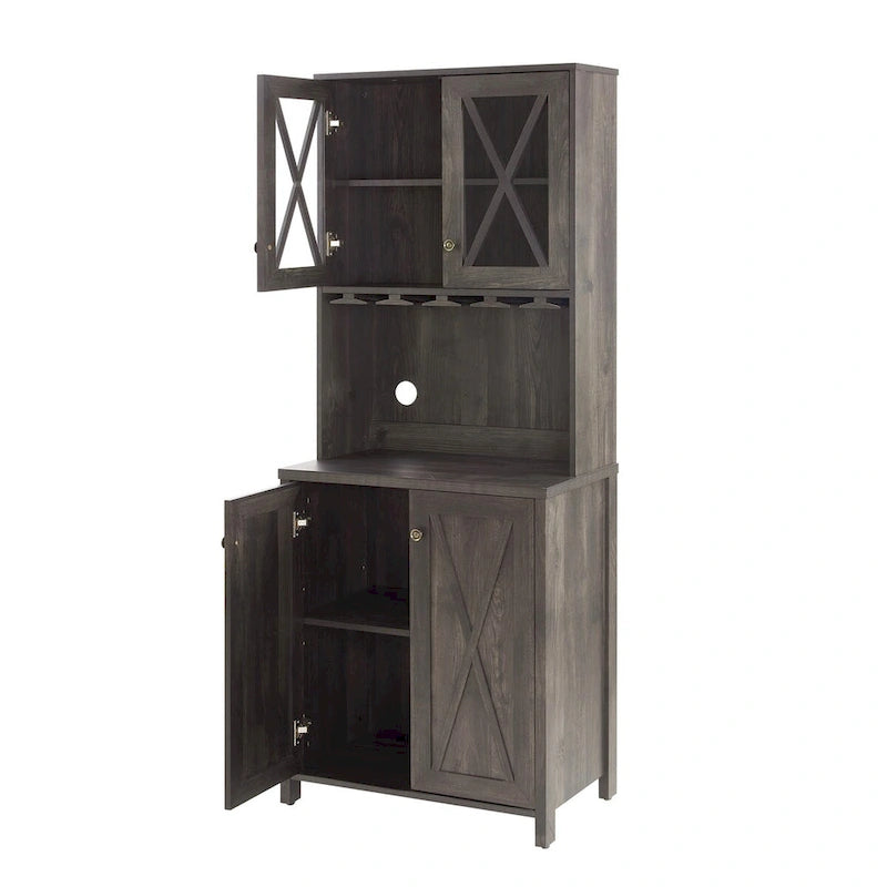 Charcoal Grey Farmhouse Bar Cabinet with Glass Door & Wine Rack, Single