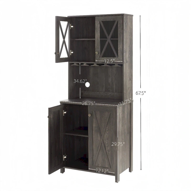 Charcoal Grey Farmhouse Bar Cabinet with Glass Door & Wine Rack, Single