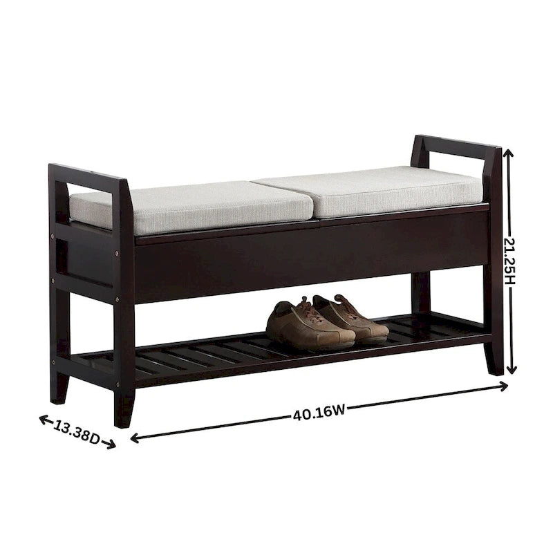 Fabric Upholstery Storage Shoe Bench with Shelf and Lifted Up Seats