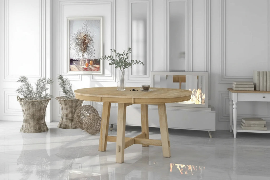 Round dining table, Farmhouse round retractable table, 16 leaf wood kitchen table