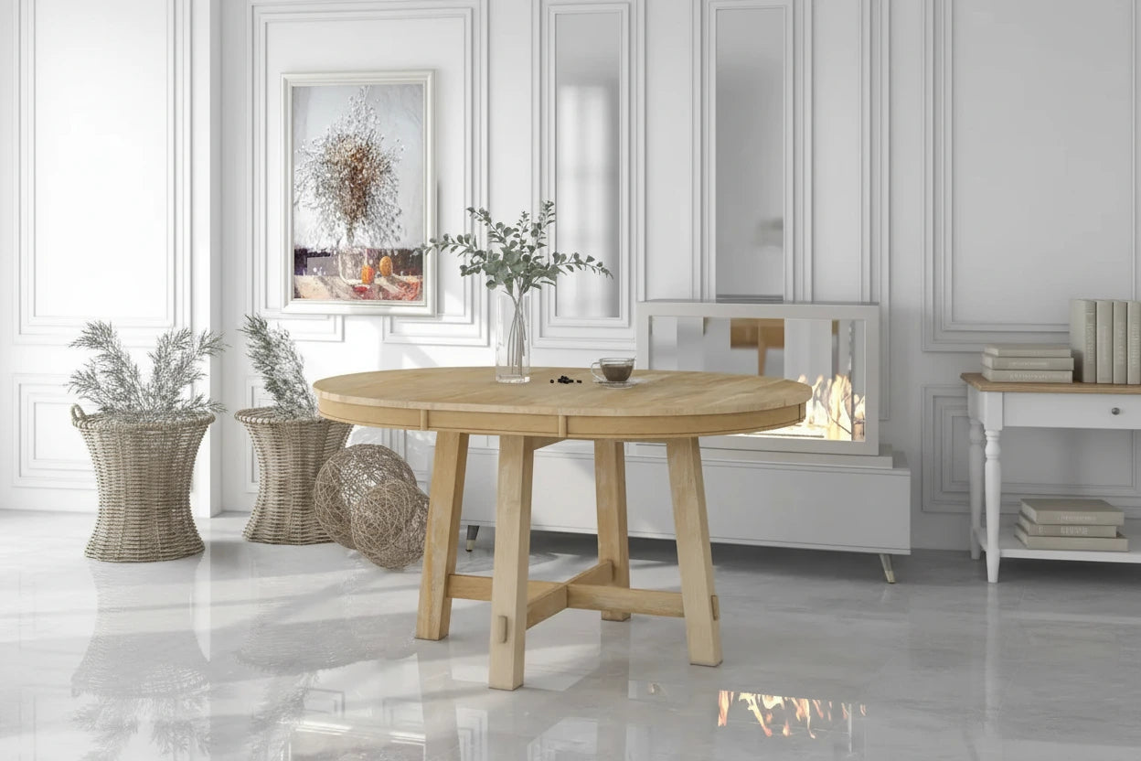Round dining table, Farmhouse round retractable table, 16 leaf wood kitchen table