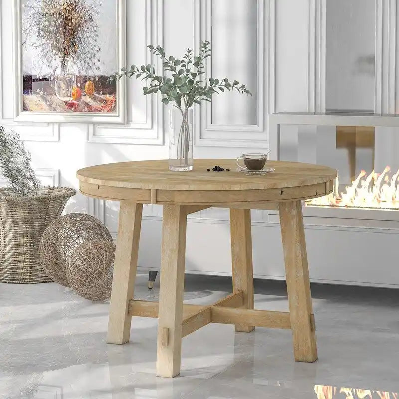 Round Extendable Dining Table, Natural Wood / Espresso, X-Base, Seats 4–6