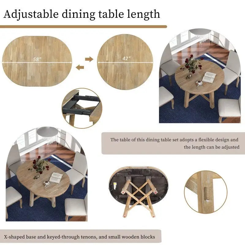 Round Extendable Dining Table, Natural Wood / Espresso, X-Base, Seats 4–6