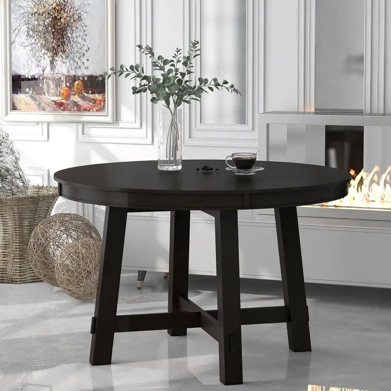 Round Extendable Dining Table, Natural Wood / Espresso, X-Base, Seats 4–6