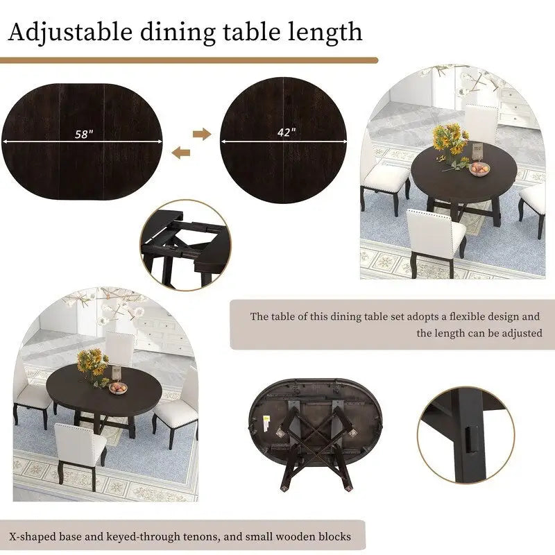 Round Extendable Dining Table, Natural Wood / Espresso, X-Base, Seats 4–6