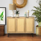 Natural Wooden Cabinet, Rattan Doors, 3-Shelf, Natural Finish