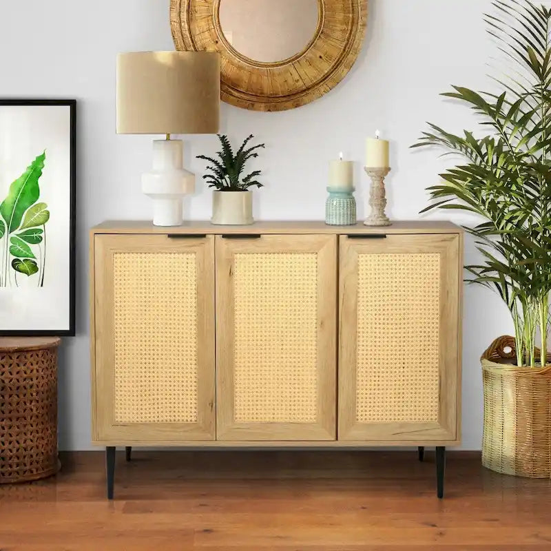 Natural Wooden Cabinet, Rattan Doors, 3-Shelf, Natural Finish