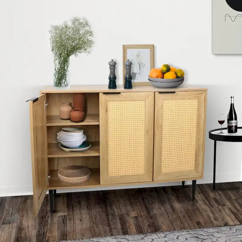 Natural Wooden Cabinet, Rattan Doors, 3-Shelf, Natural Finish