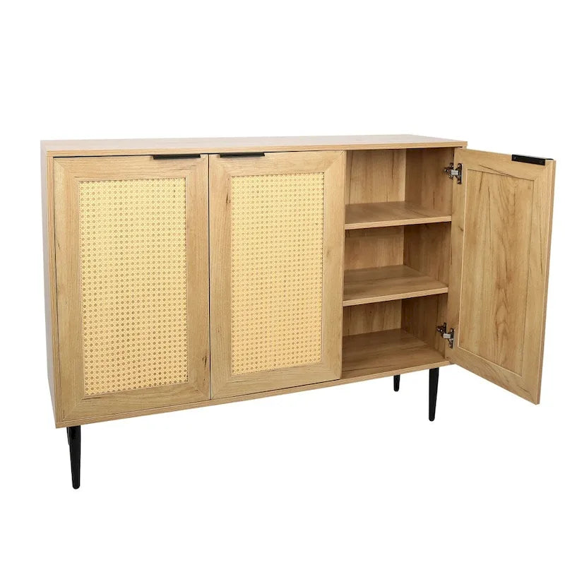 Natural Wooden Cabinet, Rattan Doors, 3-Shelf, Natural Finish