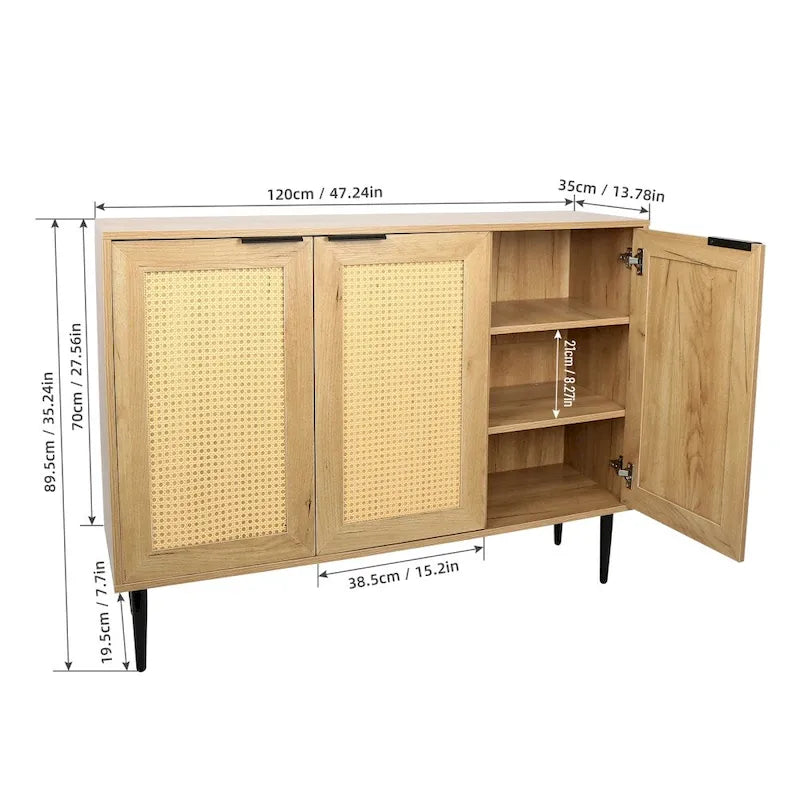 Natural Wooden Cabinet, Rattan Doors, 3-Shelf, Natural Finish