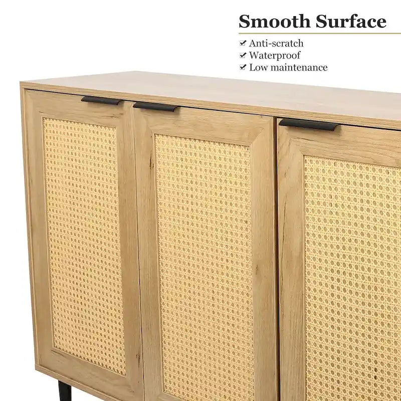 Natural Wooden Cabinet, Rattan Doors, 3-Shelf, Natural Finish