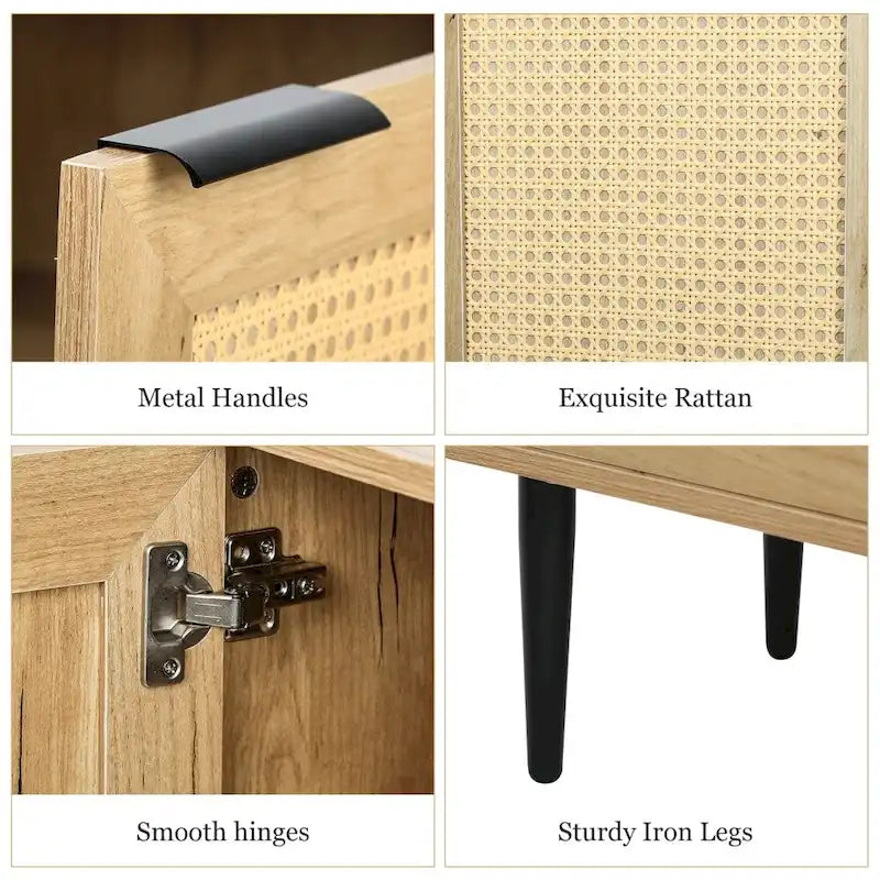 Natural Wooden Cabinet, Rattan Doors, 3-Shelf, Natural Finish