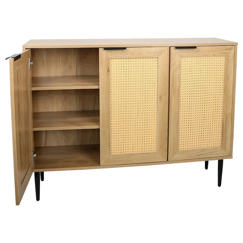 Natural Wooden Cabinet, Rattan Doors, 3-Shelf, Natural Finish