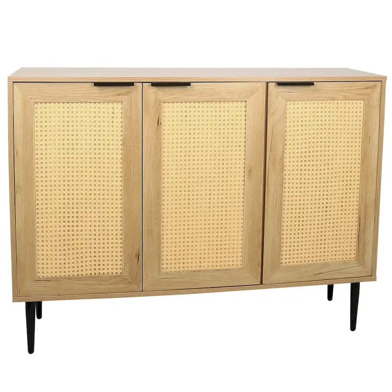 Natural Wooden Cabinet, Rattan Doors, 3-Shelf, Natural Finish