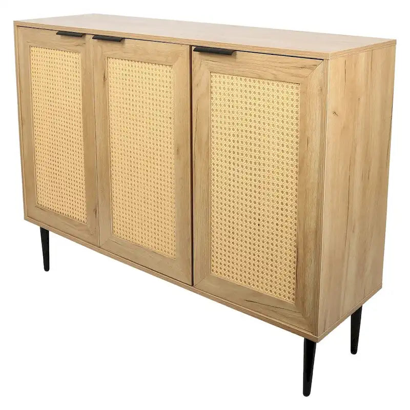 Natural Wooden Cabinet, Rattan Doors, 3-Shelf, Natural Finish