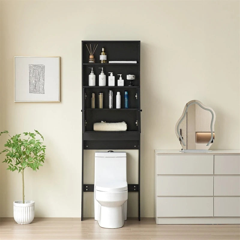 White/Black Farmhouse Over-Toilet Storage Cabinet with Barn Doors, 1-Person Assembly