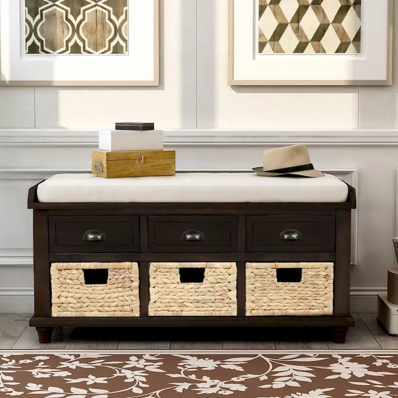 White Storage Bench with 3 Drawers & 3 Wicker Baskets, 1-Person Seat