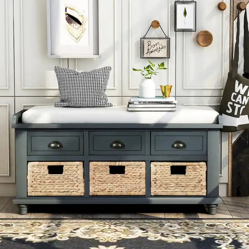 White Storage Bench with 3 Drawers & 3 Wicker Baskets, 1-Person Seat