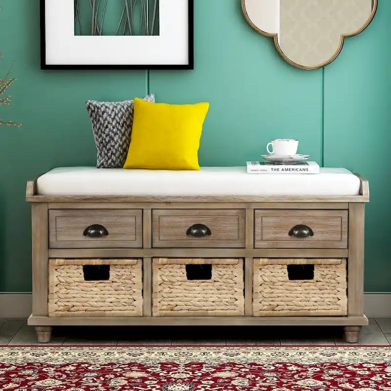 White Storage Bench with 3 Drawers & 3 Wicker Baskets, 1-Person Seat