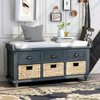 White Storage Bench with 3 Drawers & 3 Wicker Baskets, 1-Person Seat