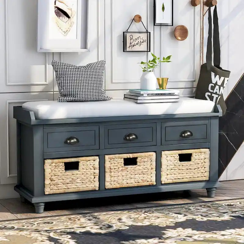 White Storage Bench with 3 Drawers & 3 Wicker Baskets, 1-Person Seat